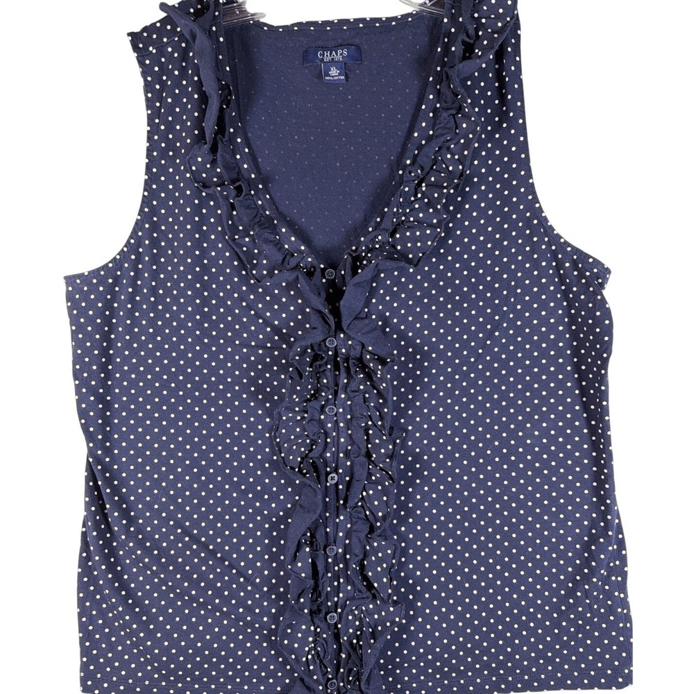 Chaps Womens XL Navy Blue Polka Dot Ruffle V-Neck Sleeveless Cotton Blouse Top